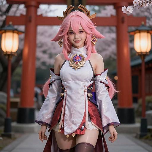 Cosplayer as Yae Miko in Traditional Japanese Setting