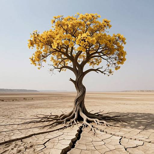 Photograph of a solitary, twisted tree with vibrant yellow flowers standing in a cracked, arid desert under a clear blue sky.
