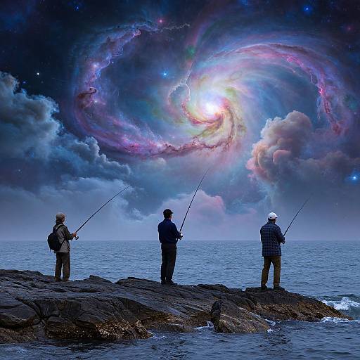 Three fishermen on rocky shore, fishing at night, under a swirling, colorful galaxy in the starry sky over the ocean. Digital art.