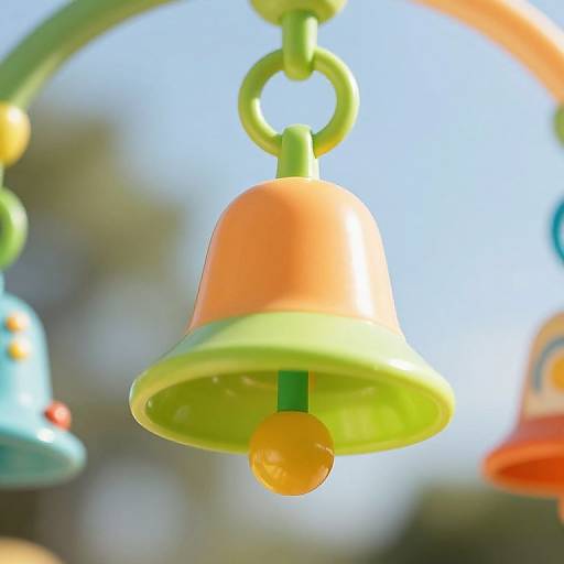 Close-up photograph of brightly colored, plastic bell hanging from a green ring, with orange and green bell body, yellow ball inside, against a blurred blue