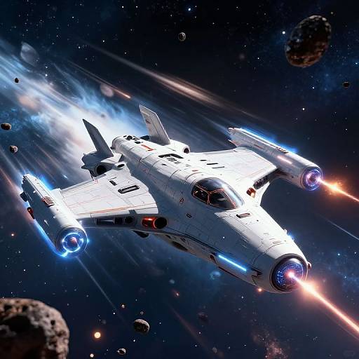 Photorealistic CGI of a white, futuristic space fighter jet with glowing blue and red engines, flying through a star-filled, asteroid-filled outer space.