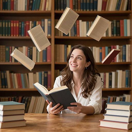 Photograph of smiling brunette woman with long hair, wearing white shirt, reading book, with floating books around her, in a library.