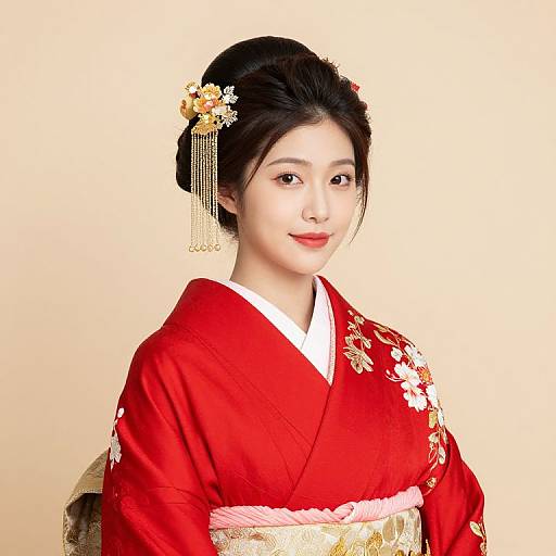 Elegant Female in Red Kimono