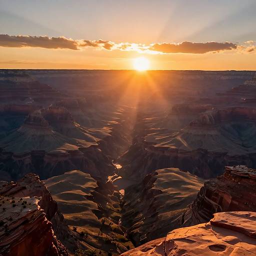 Photograph of a stunning sunset over the Grand Canyon, with the sun's rays casting golden light on rugged, shadowed cliffs.