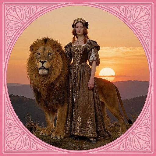 Renaissance Woman with Lion at Sunrise