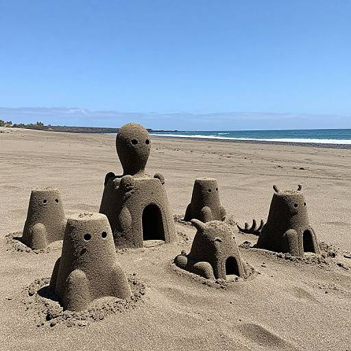 Photograph of six sandcastles with stick-like faces on a sunny, empty beach with blue sky and ocean in the background.