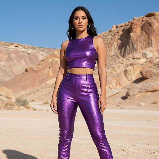 Digital artwork of a confident woman with long black hair, wearing shiny purple metallic crop top and high-waisted pants, standing in a sunlit desert