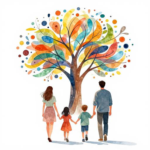 Family Walking Towards Abstract Future Tree