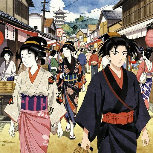 Digital anime-style illustration of a bustling Japanese street scene with men and women in traditional kimonos, colorful paper lanterns, and wooden buildings under a