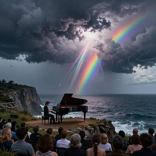 Photograph of a pianist playing at a cliffside ocean view, with dramatic clouds, sunlight, and rainbows, audience seated in front.
