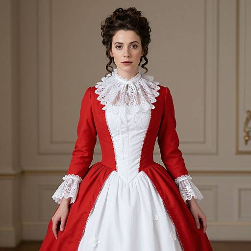 Photograph of a fair-skinned woman with dark curly hair, wearing a red and white Victorian-style dress with lace cuffs and collar, standing in an