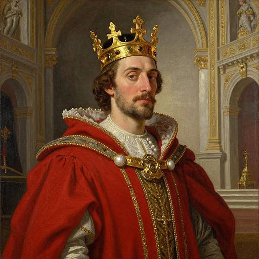 Baroque-style painting of a bearded man with curly brown hair, wearing a gold crown, red velvet robe with gold trim, and ornate white