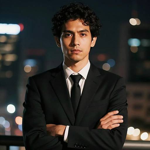 Photograph of a young man with curly black hair, light brown skin, and brown eyes, wearing a black suit and tie, standing with arms crossed