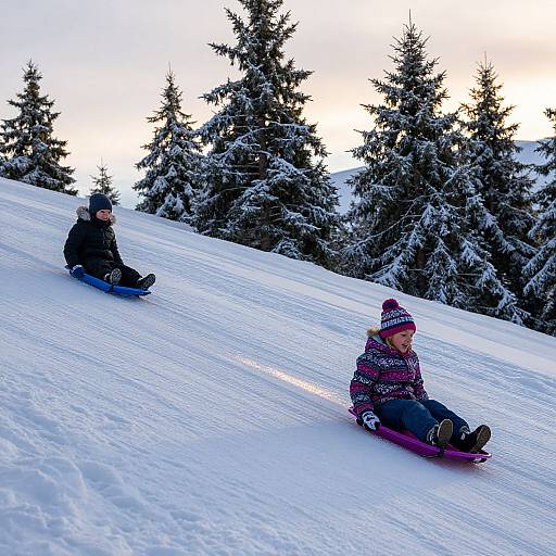 Photograph of two children sledding down a snow-covered hill with snow-laden evergreen trees in the background, wearing winter gear.