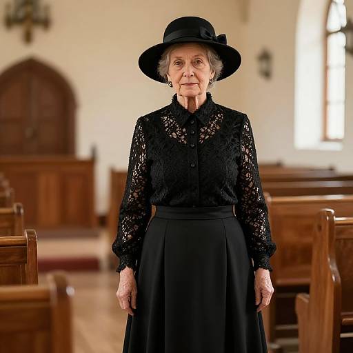 Photograph of an elderly woman in a black lace blouse, black skirt, and hat, standing in a wooden church with sunlight filtering through the windows.