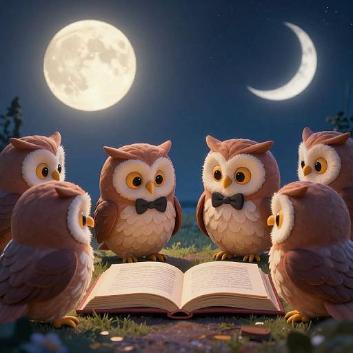 CGI image of five adorable, cartoon owls with large eyes, wearing bow ties, gathered around an open book under a moonlit night sky with