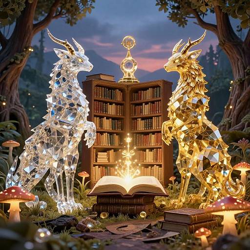 Fantasy scene: two illuminated, glittering unicorn-like statues flank a glowing book, with a library backdrop, mushrooms, and a twilight forest.