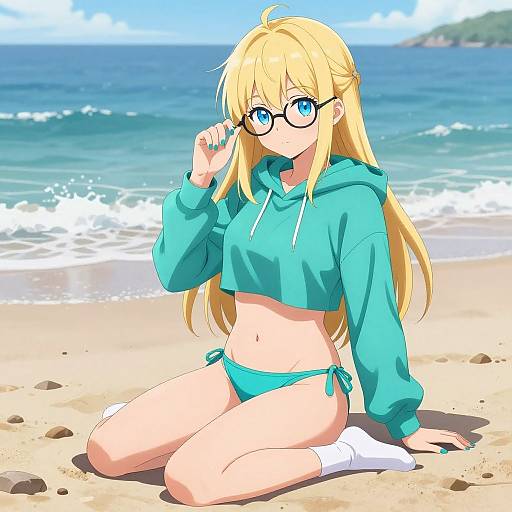 Blonde Anime Girl on Ocean Beach