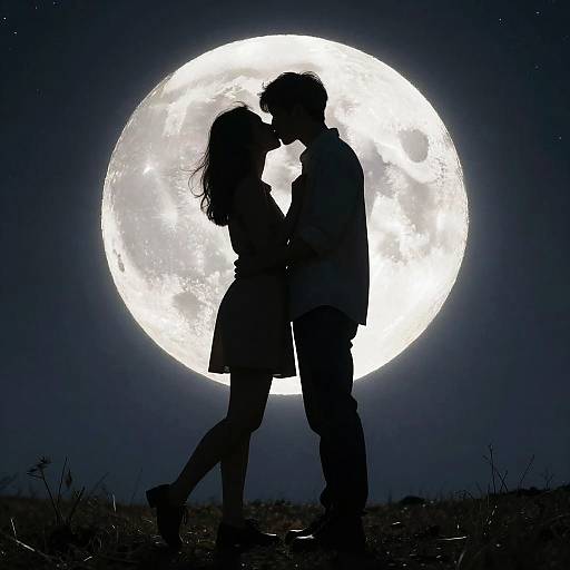 Silhouetted romantic couple kissing under a bright full moon in a dark, starry night sky, with grassy ground below. Photograph.