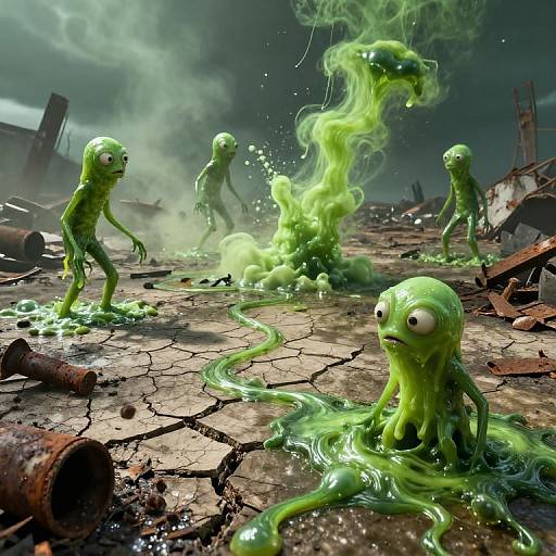 Digital CGI image of four green, slime-like, cartoonish monsters with large eyes standing on a cracked, ruined street with glowing green ooze and smoke