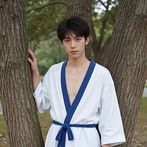 Young Asian man in white karate gi with blue trim, standing between two trees in a forest, looking directly at camera.
