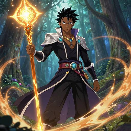 Digital anime artwork of a dark-skinned, spiky-haired male mage holding a glowing staff in a mystical forest, surrounded by swirling flames. He wears