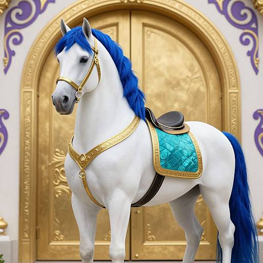 Photograph of a white horse with a vibrant blue mane and tail, adorned with gold and turquoise ornate tack, standing in front of an ornate