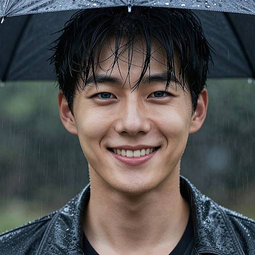 Photograph of a smiling young Asian man with wet black hair, holding a black umbrella, wearing a waterlogged black jacket, in a rainy outdoor setting