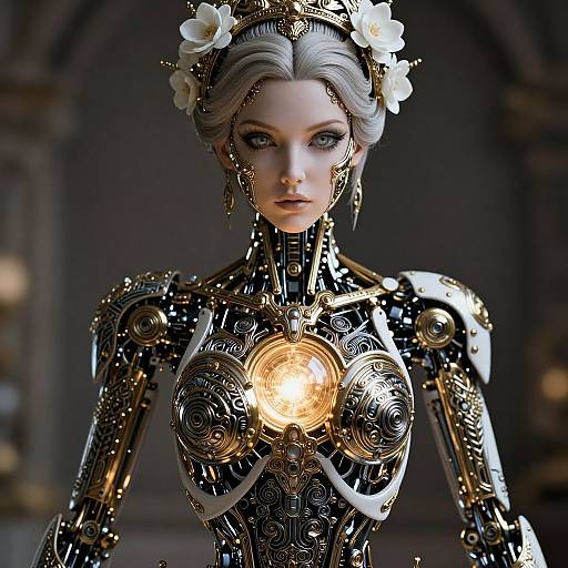 Photorealistic digital artwork of a silver-haired female cyborg with intricate gold and black mechanical armor, glowing chest emblem, white flowers in her hair,