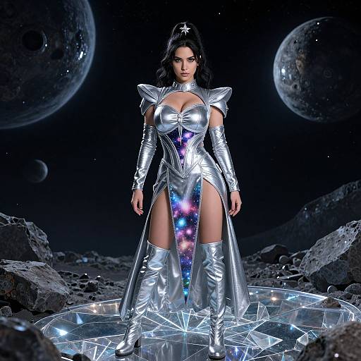 Digital art of a fierce woman in a silver, galaxy-patterned, sci-fi armor dress with thigh-high boots, standing on a glowing, star-pattern