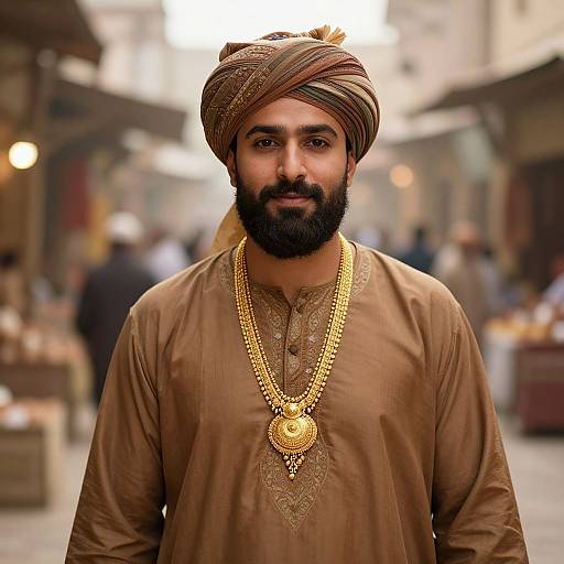 Photograph of a bearded South Asian man with dark skin, wearing a brown turban, gold necklace, and brown kurta, standing in a
