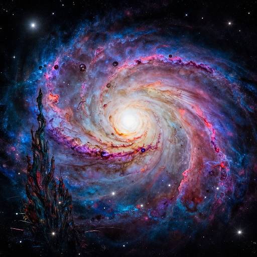 Photograph of a vibrant, swirling galaxy with a bright white core, surrounded by colorful pink, blue, and purple nebulae against a star-filled