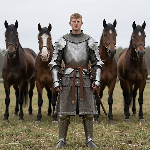 Medieval Armored Warrior with Horses
