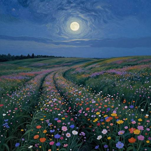 Digital painting of a moonlit night with a swirling moon in a vibrant, colorful meadow of wildflowers, winding paths, and rolling hills under a