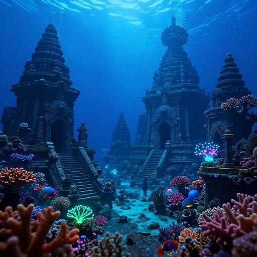 Photograph of an underwater scene featuring ancient, dark stone temples surrounded by vibrant, colorful coral and glowing bioluminescent plants.