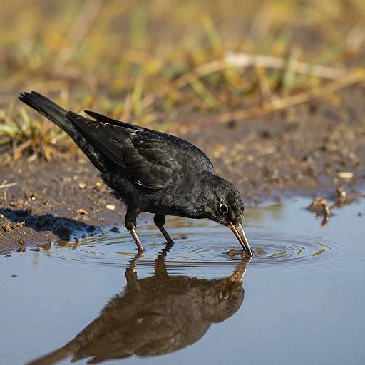Blackbird Drinking with Sparkling Reflection