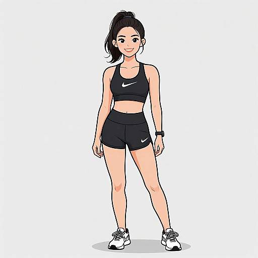 Digital drawing of an Asian woman with long black hair in a ponytail, wearing a black sports bra, shorts, and sneakers, standing confidently on a