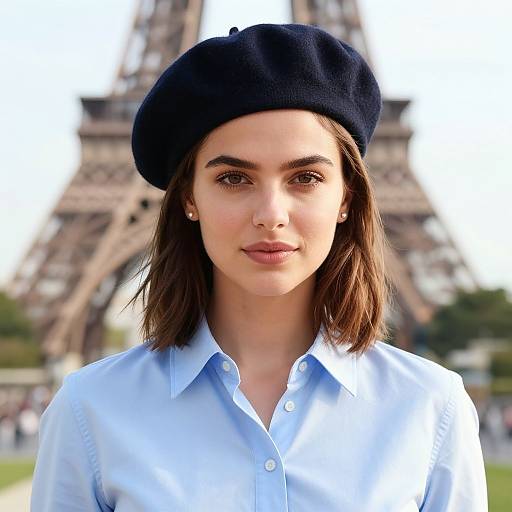 Photograph of a young woman with fair skin and brown hair, wearing a black beret and light blue shirt, standing in front of the Eiff