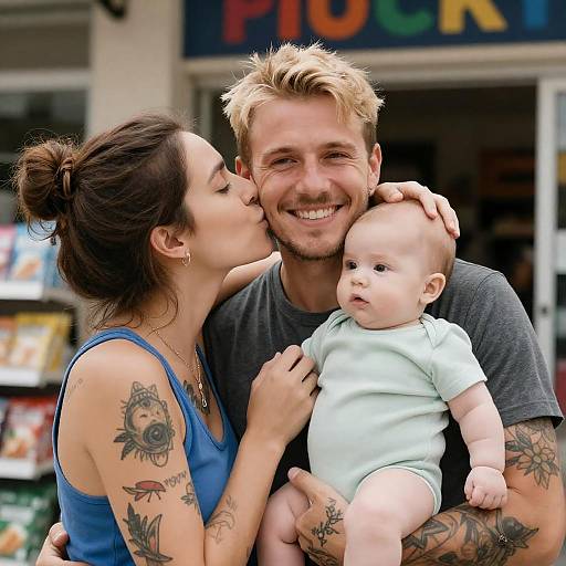 Family Moment Outside Colorful Storefront
