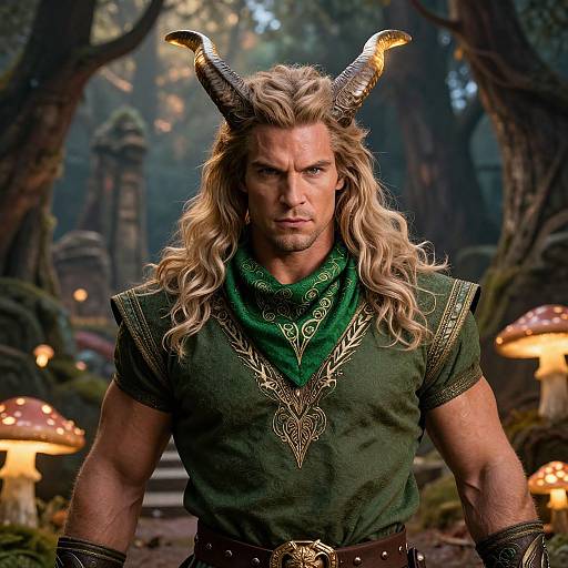 Photograph-style digital artwork of a muscular, blonde-haired man with golden horns, green shirt, and scarf, standing in a mystical forest with glowing mushrooms