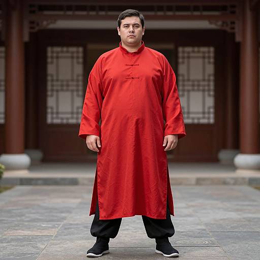 Photograph of a short, heavyset Asian man in a bright red traditional Chinese long shirt, black pants, and black shoes, standing in front of