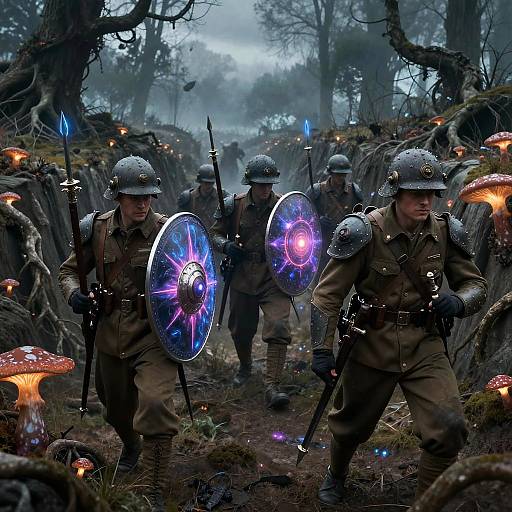 Photograph: WWII soldiers in helmets and uniforms march through a dark, foggy forest with glowing mushrooms, holding radiant, neon shields.