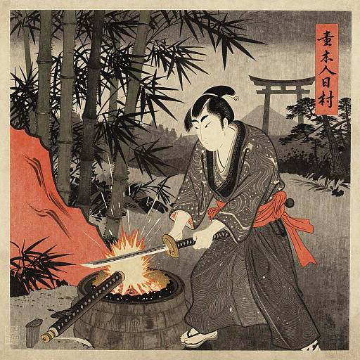 Traditional Japanese woodblock print of a samurai in black kimono, red sash, igniting a sword in a bamboo forest by a fire.