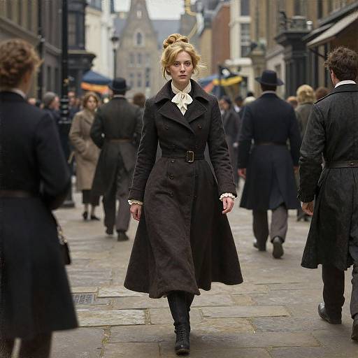 Photograph of a serious blonde woman in a black trench coat and white blouse, walking down a cobblestone street in a historical European town, surrounded