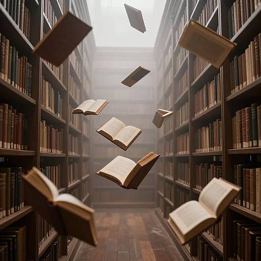 Photograph of a library aisle with floating, open books surrounded by tall, dark wooden bookshelves, misty atmosphere, and wooden floor.