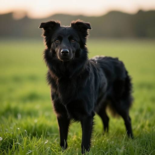Photograph of a black, fluffy dog with alert ears standing in a sunlit, green grass field, with a blurred sunset background.