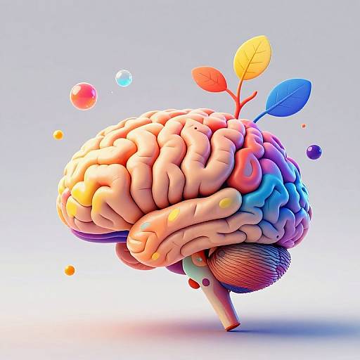 Digital illustration of a colorful, abstract brain with vibrant hues, leafy growths, and floating orbs against a gradient white-to-blue background.