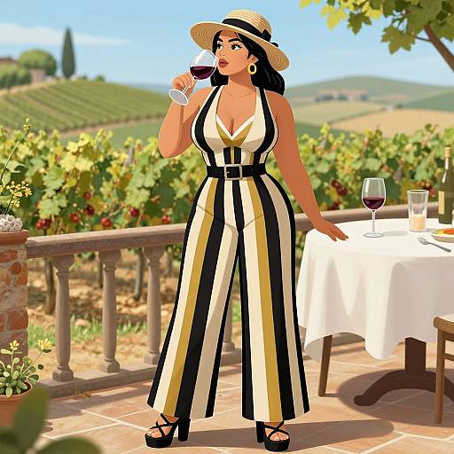 Digital art: Curvy woman with large breasts in black and white striped jumpsuit, straw hat, black heels, sipping wine, vineyard background