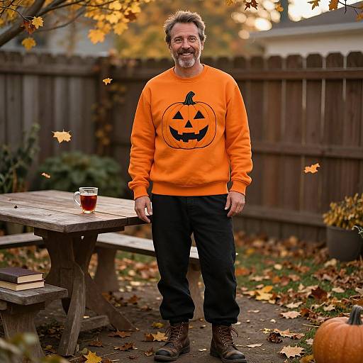 Cozy Autumn Man in Pumpkin Sweatshirt
