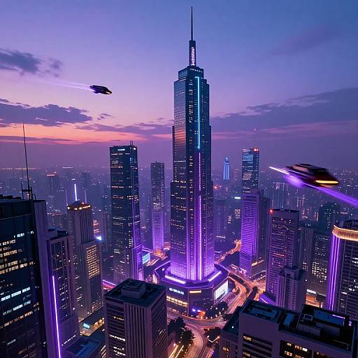Photograph of a futuristic cityscape at dusk, featuring tall illuminated skyscrapers with purple and blue lights, flying drones, and neon-lit streets